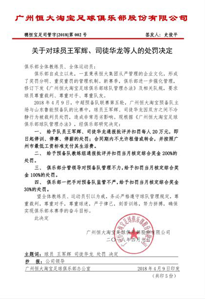 恒大处罚互殴2将:每人罚20万+3停 3级领导同遭重罚